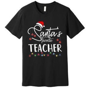 Santas Favorite Teacher Funny Christmas Santa Hat Light Premium T-Shirt