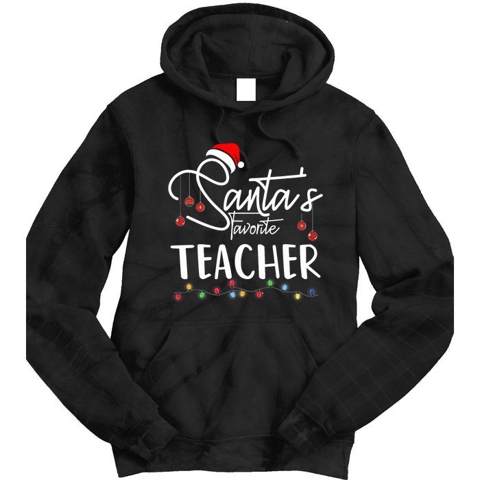 Santas Favorite Teacher Funny Christmas Santa Hat Light Tie Dye Hoodie