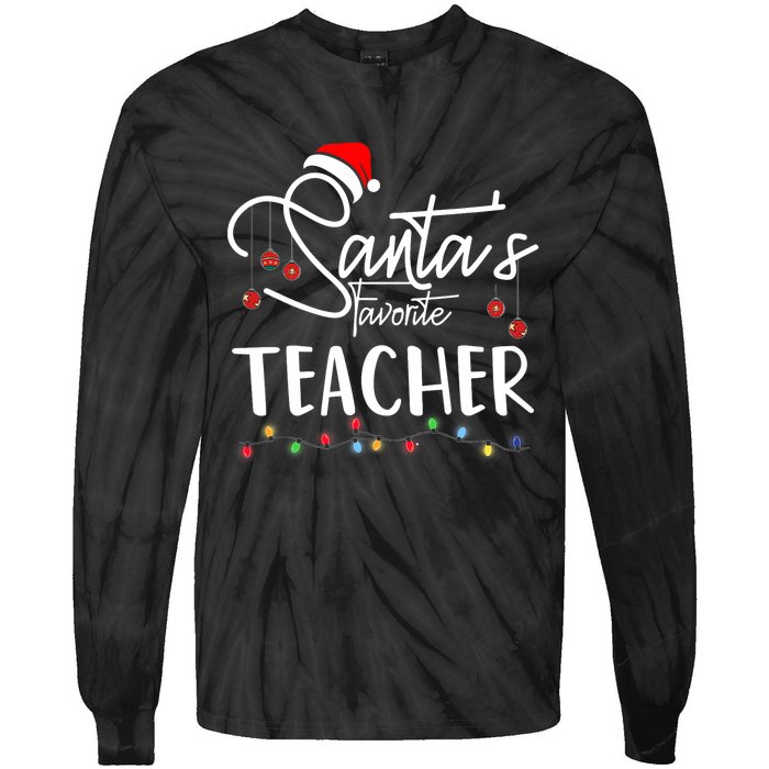 Santas Favorite Teacher Funny Christmas Santa Hat Light Tie-Dye Long Sleeve Shirt