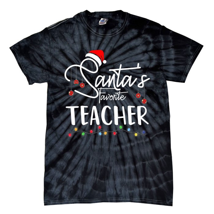 Santas Favorite Teacher Funny Christmas Santa Hat Light Tie-Dye T-Shirt