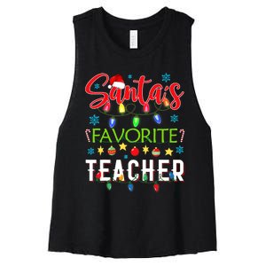 SantaS Favorite Teacher Funny Christmas Santa Hat Light Women's Racerback Cropped Tank