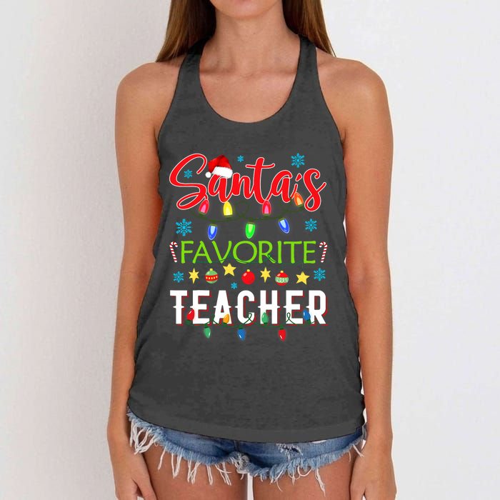 SantaS Favorite Teacher Funny Christmas Santa Hat Light Women's Knotted Racerback Tank