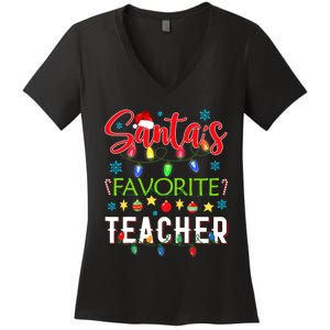 SantaS Favorite Teacher Funny Christmas Santa Hat Light Women's V-Neck T-Shirt