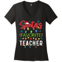 SantaS Favorite Teacher Funny Christmas Santa Hat Light Women's V-Neck T-Shirt