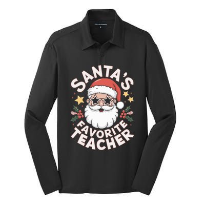 Santas Favorite Teacher Funny Teacher Christmas Silk Touch Performance Long Sleeve Polo