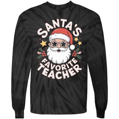 Santas Favorite Teacher Funny Teacher Christmas Tie-Dye Long Sleeve Shirt