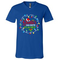 SantaS Favorite Teacher Funny Christmas Santa Hat Light Gift V-Neck T-Shirt