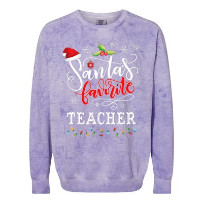 SantaS Favorite Teacher Xmas Light Santa Hat Christmas Gift Colorblast Crewneck Sweatshirt