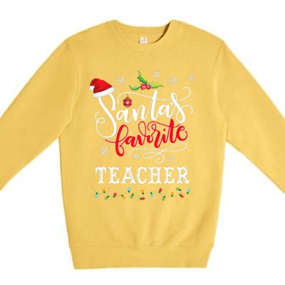 SantaS Favorite Teacher Xmas Light Santa Hat Christmas Gift Premium Crewneck Sweatshirt