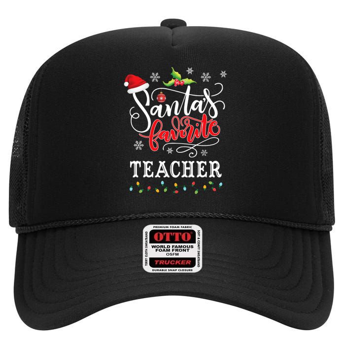 SantaS Favorite Teacher Xmas Light Santa Hat Christmas Gift High Crown Mesh Back Trucker Hat