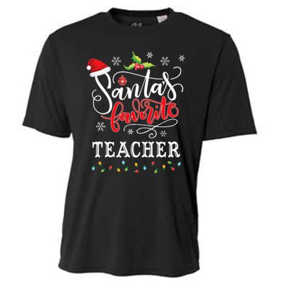 SantaS Favorite Teacher Xmas Light Santa Hat Christmas Gift Cooling Performance Crew T-Shirt