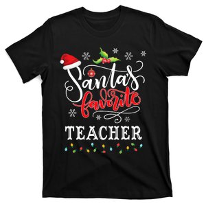 SantaS Favorite Teacher Xmas Light Santa Hat Christmas Gift T-Shirt