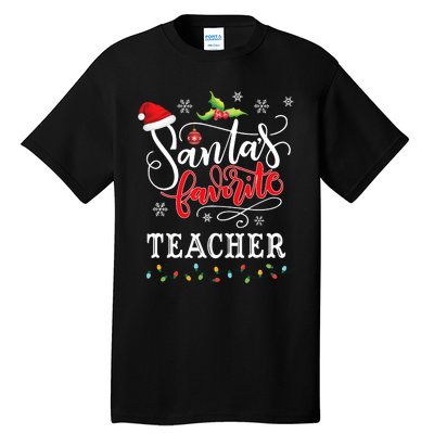 SantaS Favorite Teacher Xmas Light Santa Hat Christmas Gift Tall T-Shirt