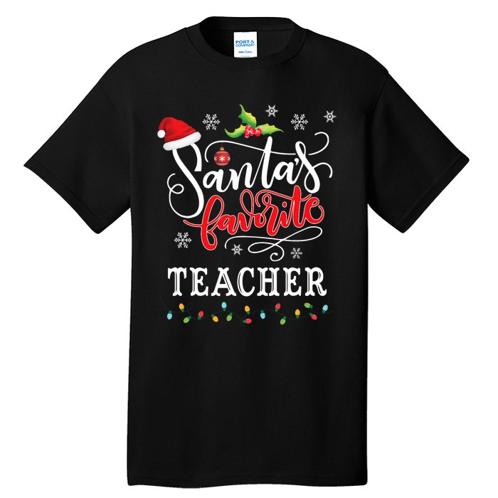 SantaS Favorite Teacher Xmas Light Santa Hat Christmas Gift Tall T-Shirt