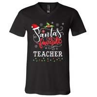 SantaS Favorite Teacher Xmas Light Santa Hat Christmas Gift V-Neck T-Shirt