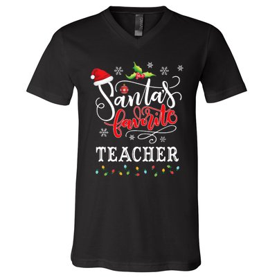 SantaS Favorite Teacher Xmas Light Santa Hat Christmas Gift V-Neck T-Shirt