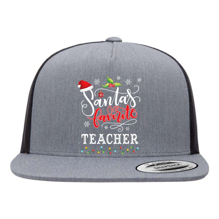 SantaS Favorite Teacher Xmas Light Santa Hat Christmas Gift Flat Bill Trucker Hat