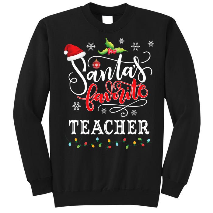 SantaS Favorite Teacher Xmas Light Santa Hat Christmas Gift Tall Sweatshirt