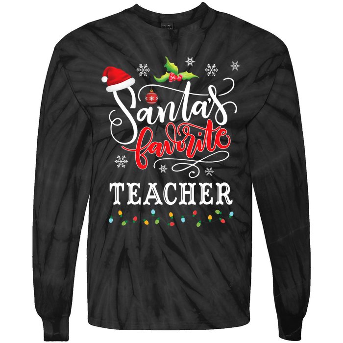 SantaS Favorite Teacher Xmas Light Santa Hat Christmas Gift Tie-Dye Long Sleeve Shirt