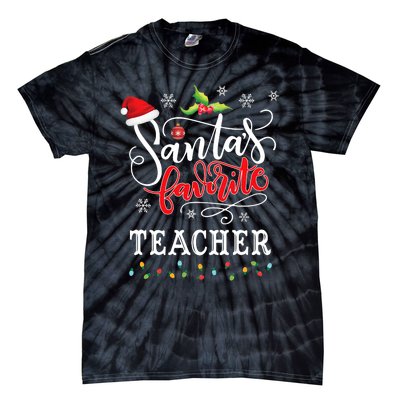 SantaS Favorite Teacher Xmas Light Santa Hat Christmas Gift Tie-Dye T-Shirt