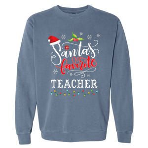 SantaS Favorite Teacher Xmas Light Santa Hat Christmas Gift Garment-Dyed Sweatshirt