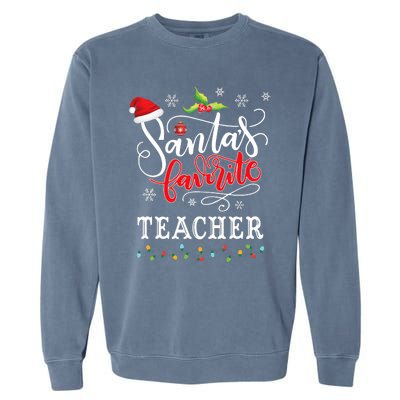 SantaS Favorite Teacher Xmas Light Santa Hat Christmas Gift Garment-Dyed Sweatshirt