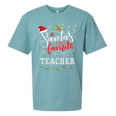 SantaS Favorite Teacher Xmas Light Santa Hat Christmas Gift Sueded Cloud Jersey T-Shirt