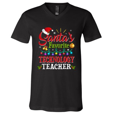 SantaS Favorite Technology Teacher Christmas Light V-Neck T-Shirt