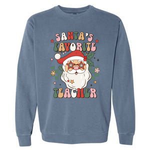 SantaS Favorite Teacher Groovy Retro Christmas 70s 80s Xmas Gift Garment-Dyed Sweatshirt