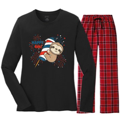 Sloth For The Fourth Of July Fireworks Kids Women's Long Sleeve Flannel Pajama Set 