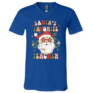 SantaS Favorite Teacher Groovy Retro Christmas 70s 80s Xmas Gift V-Neck T-Shirt