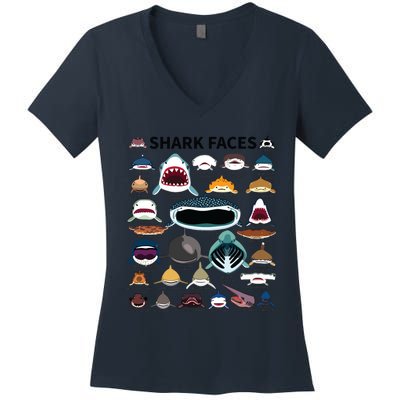 Shark Faces Type Of Shark Shark Faces Of All Kinds Women's V-Neck T-Shirt