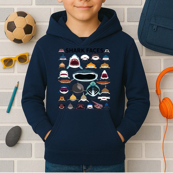Shark Faces Type Of Shark Shark Faces Of All Kinds Kids Hoodie
