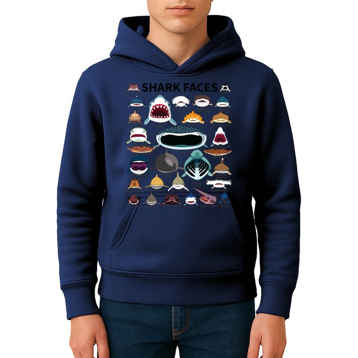 Shark Faces Type Of Shark Shark Faces Of All Kinds Kids Hoodie