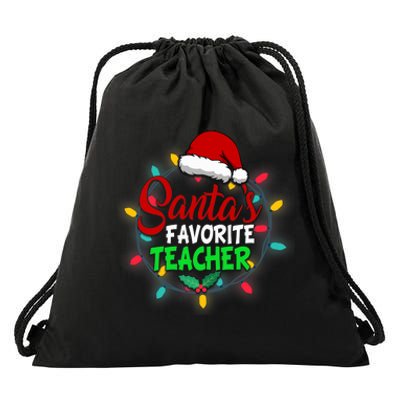 Santa's Favorite Teacher Christmas Santa Hat Light Xmas Gift Premium Drawstring Bag