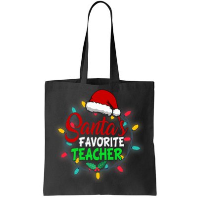 Santa's Favorite Teacher Christmas Santa Hat Light Xmas Gift Premium Tote Bag