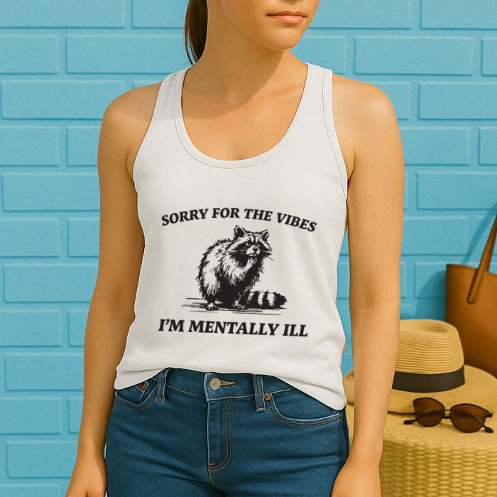 Sorry For The Vibes IM Mentally Ill Funny Raccoon Meme Womens Tank Top