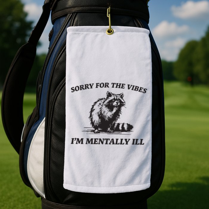 Sorry For The Vibes IM Mentally Ill Funny Raccoon Meme Golf Towel