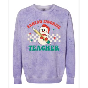 Santas Favorite Teacher Snowman Groovy Retro Christmas Xmas Colorblast Crewneck Sweatshirt