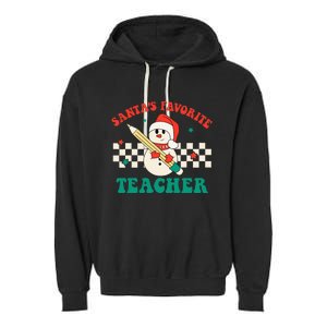 Santas Favorite Teacher Snowman Groovy Retro Christmas Xmas Garment-Dyed Fleece Hoodie