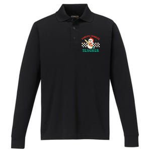 Santas Favorite Teacher Snowman Groovy Retro Christmas Xmas Performance Long Sleeve Polo