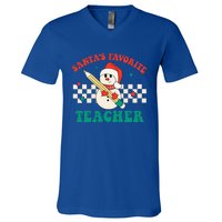 Santas Favorite Teacher Snowman Groovy Retro Christmas Xmas V-Neck T-Shirt