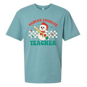 Santas Favorite Teacher Snowman Groovy Retro Christmas Xmas Sueded Cloud Jersey T-Shirt