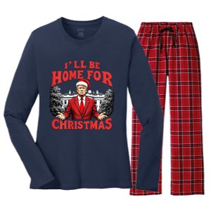 Santa Funny Trump ILl Be Home For Christmas Xmas Pajamas Women's Long Sleeve Flannel Pajama Set 