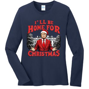 Santa Funny Trump ILl Be Home For Christmas Xmas Pajamas Ladies Long Sleeve Shirt