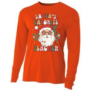 SantaS Favorite Teacher Groovy Retro Christmas 70s 80s Xmas Meaningful Gift Cooling Performance Long Sleeve Crew