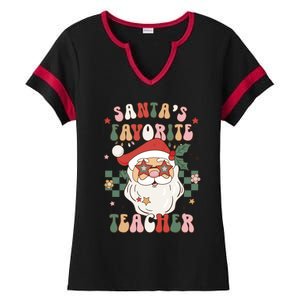 SantaS Favorite Teacher Groovy Retro Christmas 70s 80s Xmas Meaningful Gift Ladies Halftime Notch Neck Tee