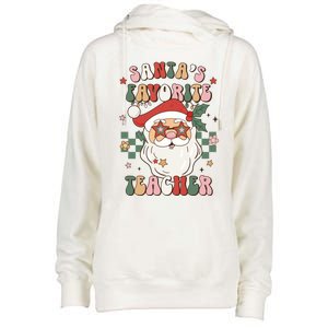 SantaS Favorite Teacher Groovy Retro Christmas 70s 80s Xmas Meaningful Gift Womens Funnel Neck Pullover Hood