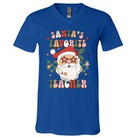 SantaS Favorite Teacher Groovy Retro Christmas 70s 80s Xmas Meaningful Gift V-Neck T-Shirt