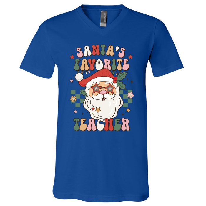 SantaS Favorite Teacher Groovy Retro Christmas 70s 80s Xmas Meaningful Gift V-Neck T-Shirt